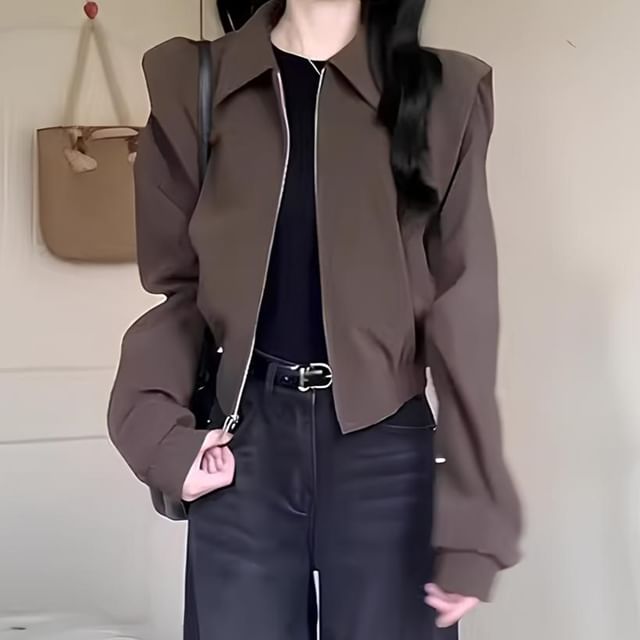 Shinsei-Collared Zip-Up Plain Crop Jacket