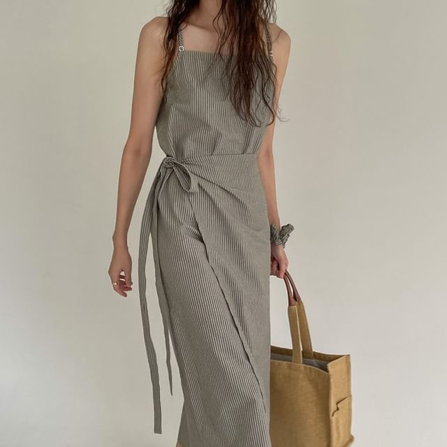 Coris-Spaghetti Strap Striped Tie-Side Midi A-Line Dress