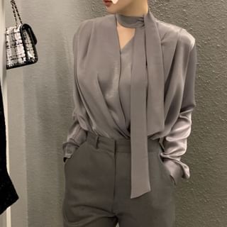 Yako-Long Sleeve V-Neck Plain Ruched Satin Blouse