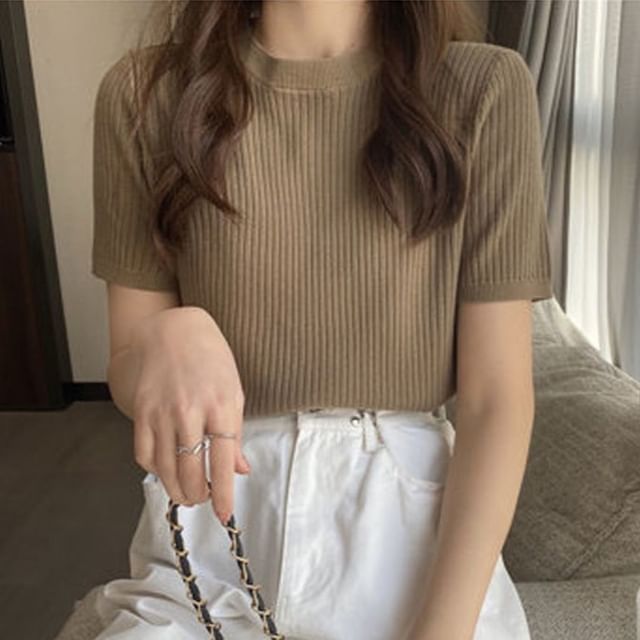 Sisyphi-Short-Sleeve Crewneck Plain Knit Top