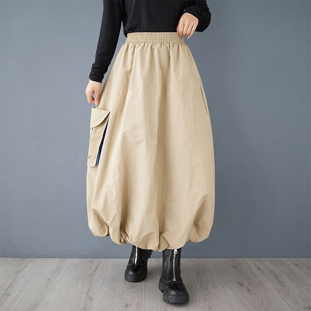 Lewwe - Elastic Waist Panel Denim Maxi Balloon Cargo Skirt