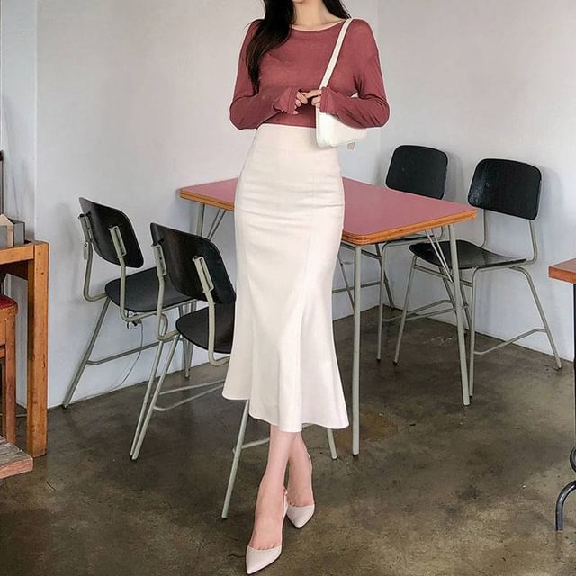 poppymoira - High Waist Plain Midi Mermaid Skirt