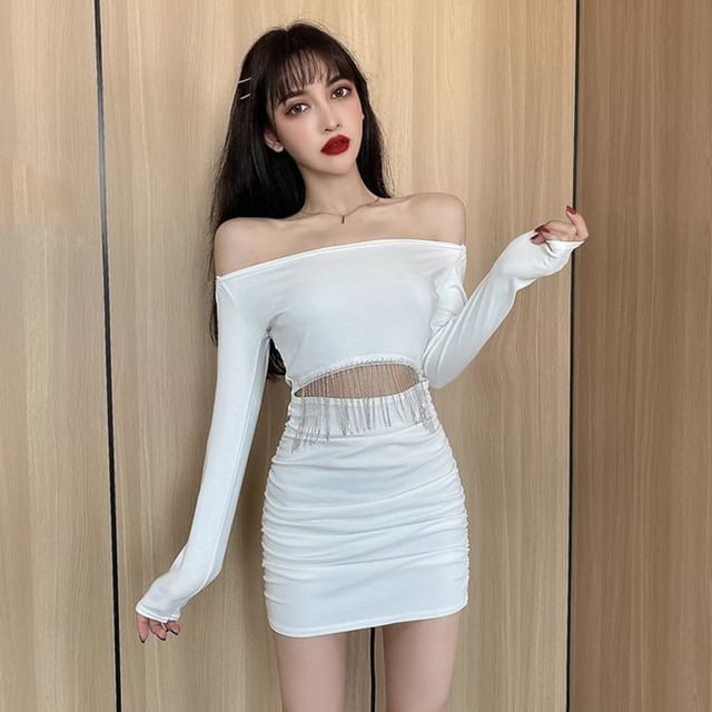 princess polly baby blue dress Leely Women White Bodycon Satin Mini Graduation Dress Long Sleeves Off The Shoulder Strapless Little White Dress main image 0