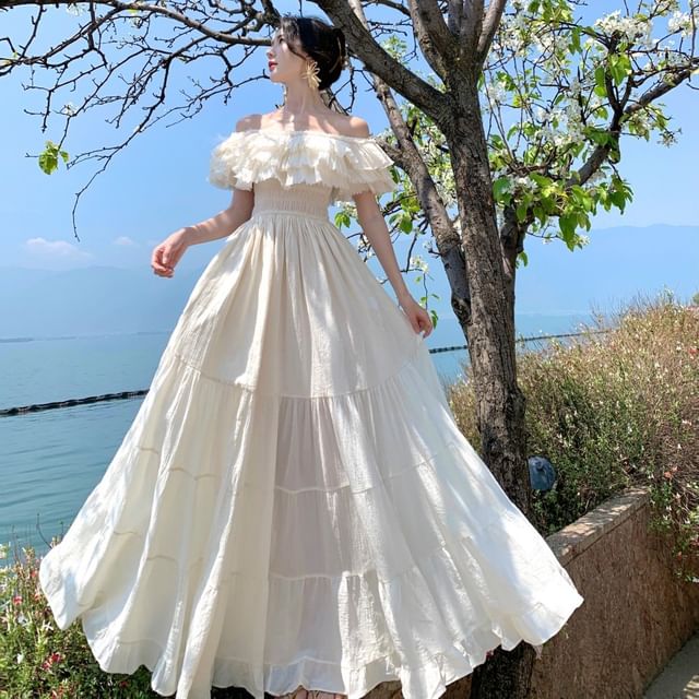 JIYON-Off-Shoulder Plain Ruffled Midi A-Line Dress