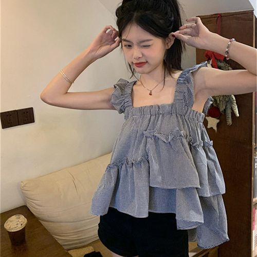 Ruffle trim asymmetrical shoulder hot sale top