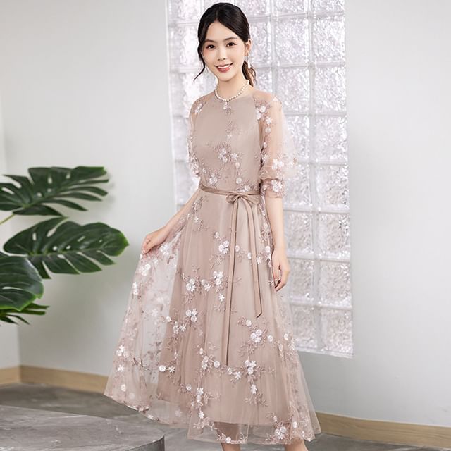 knee length dresses for ladies Elegant Chiffon Midi Dress with 3/4 Sleeves
