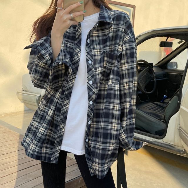 Everose-Plaid Drop-Shoulder Shirt