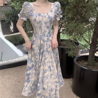 Floral Closet Short Sleeve Square Neck Print Maxi A-Line Dress Sale