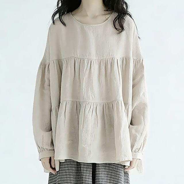 INEN-Puff-Sleeve Round Neck Plain Blouse