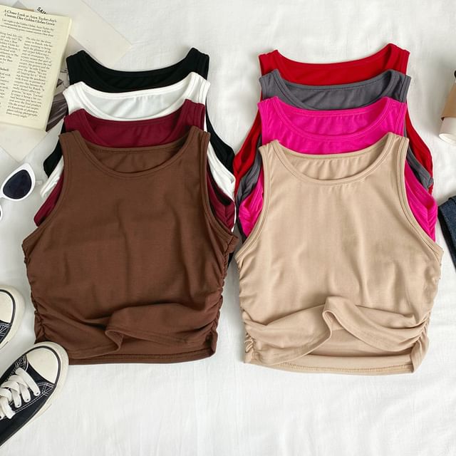 Iasia-Round Neck Plain Ruched Tank Top