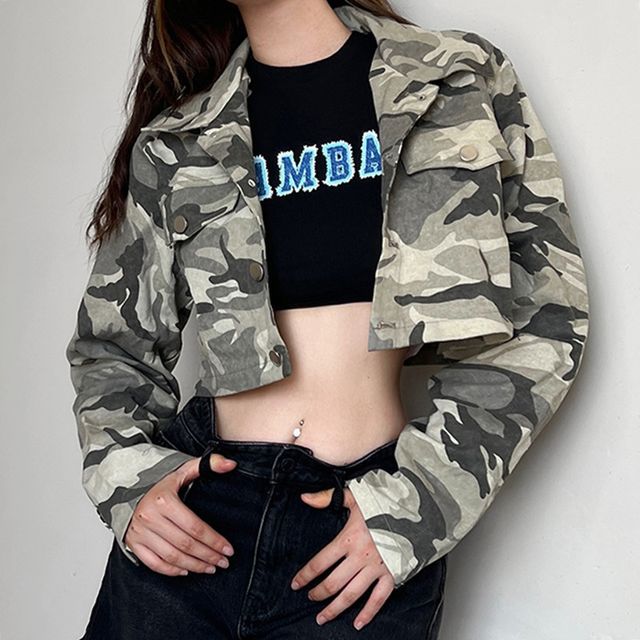HOT Camo Print Camo Crop Jacket Womens Cincine Camo Print