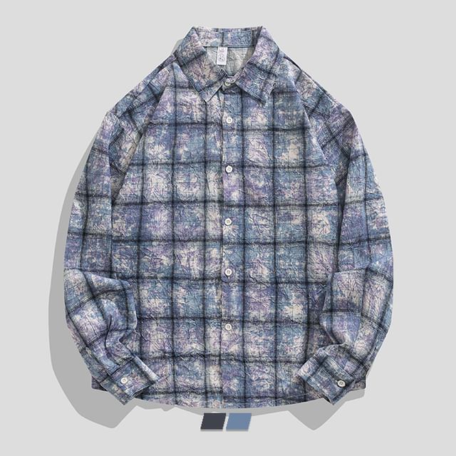 purplelouve-Long Sleeve Collared Plaid Shirt