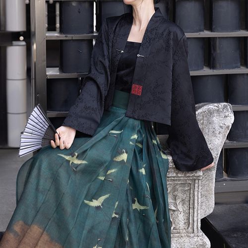 Traditional Chinese Plain Jacquard Crop Cami Top / Embroidered Hook And Eye  Jacket / High Waist Print Pleated Maxi A-Line Skirt / Set