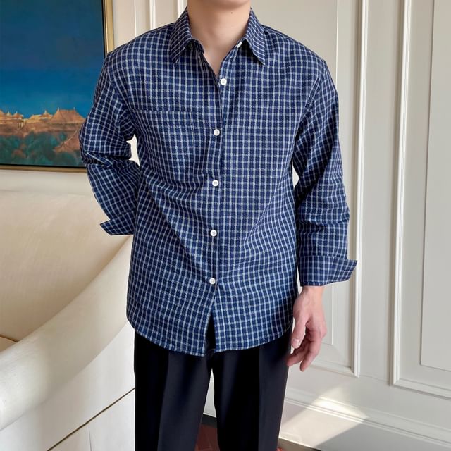 Zentrus-Long Sleeve Collared Plaid Shirt