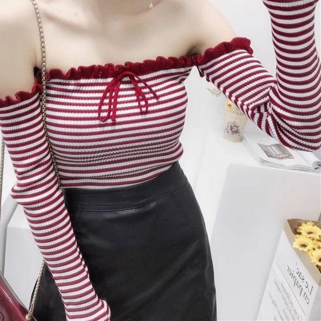 Yako-Long-Sleeve Off Shoulder Striped Knit Top