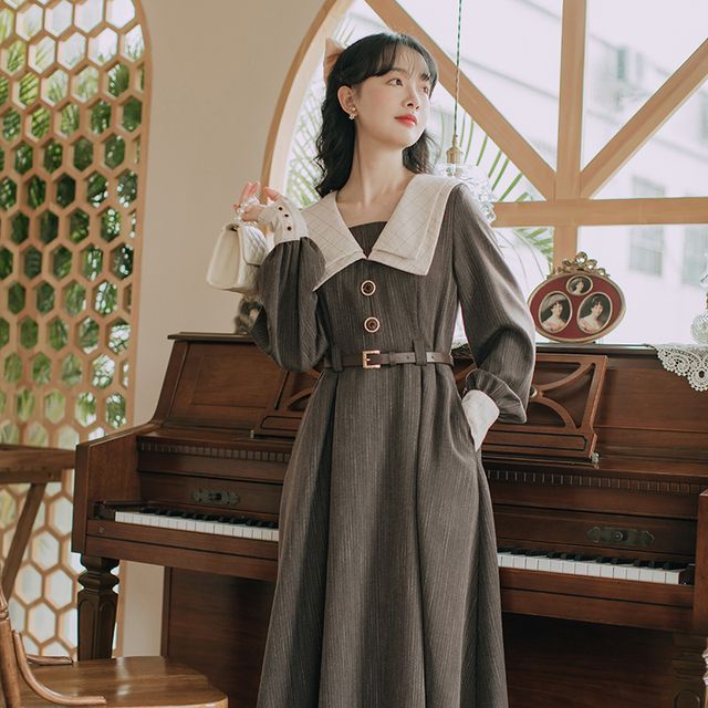 chinese dress ladies Collared Neck Long Sleeve Midi Dress Gray / S main image 0