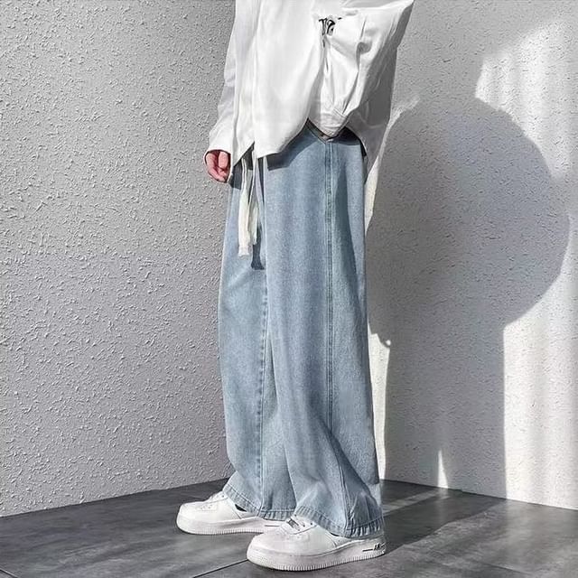 Lingaris-Drawstring Waist Washed Wide Leg Jeans