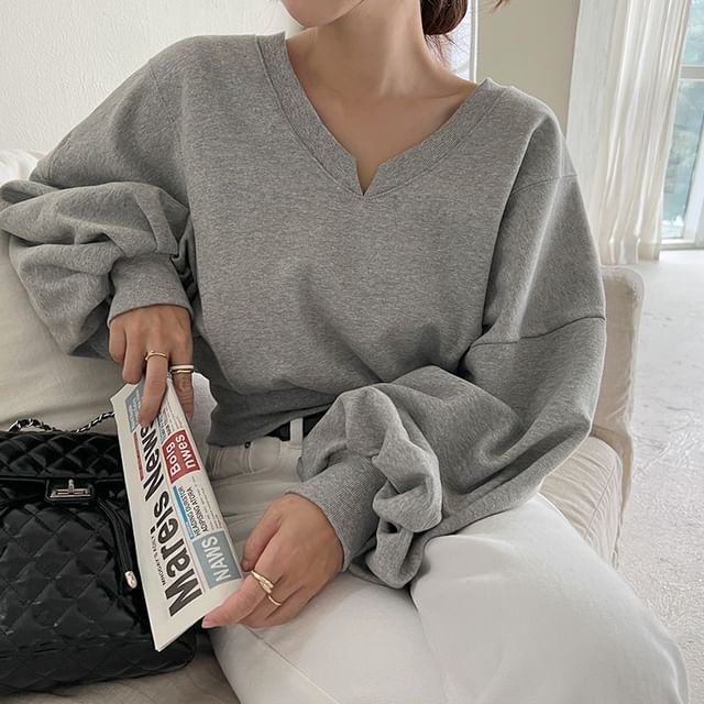 Amyway-Puff-Sleeve V-Neck Plain Pullover