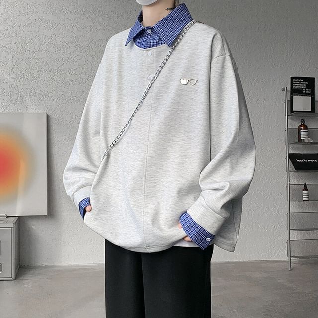 Freehop-Mock Two-Piece Collared Plaid Panel Sweatshirt
