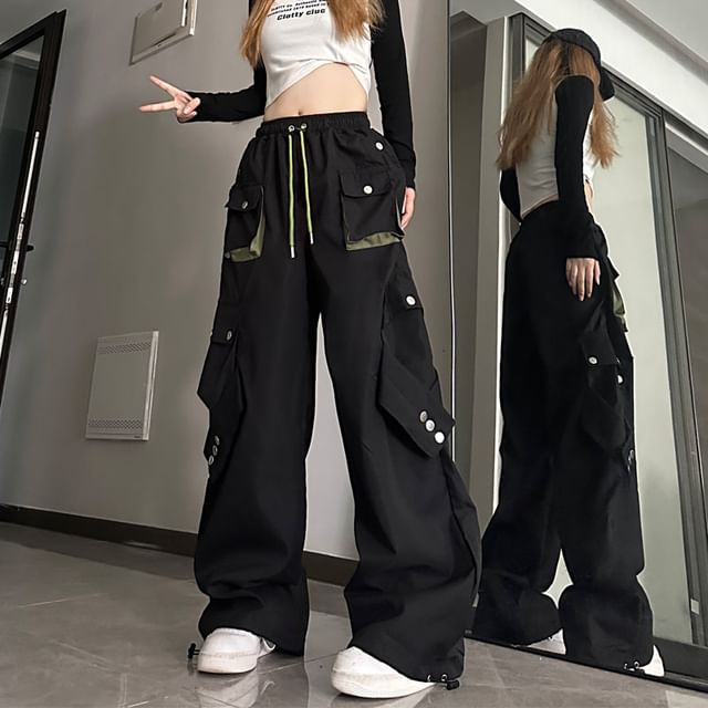 Fabricino-Drawstring Waist Plain Baggy Cargo Pants