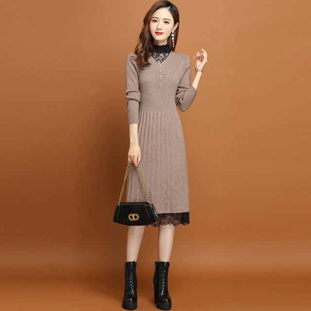 Maple Fair - Long-Sleeve Mock-Neck Lace Trim Knit Midi A-Line