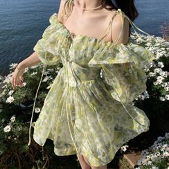 AMOS - Puff-Sleeve Off-Shoulder Floral Mini A-Line Dress