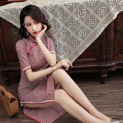 Hunya - Short-Sleeve Lace Trim Checker Qipao