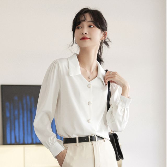 Everose-Long-Sleeve Plain Chiffon Shirt