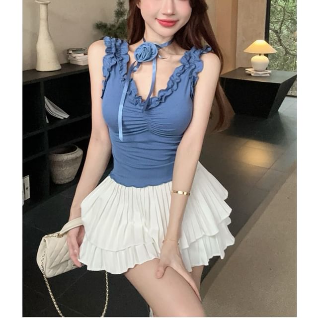 Whoosh-V-Neck Plain Ruffle Tank Top