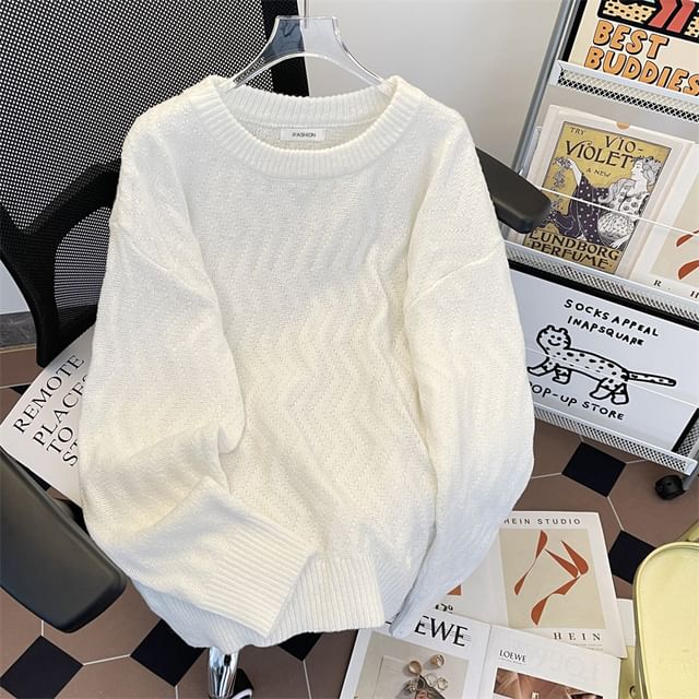 Plummie-Crewneck Wavy Texture Plain Sweater