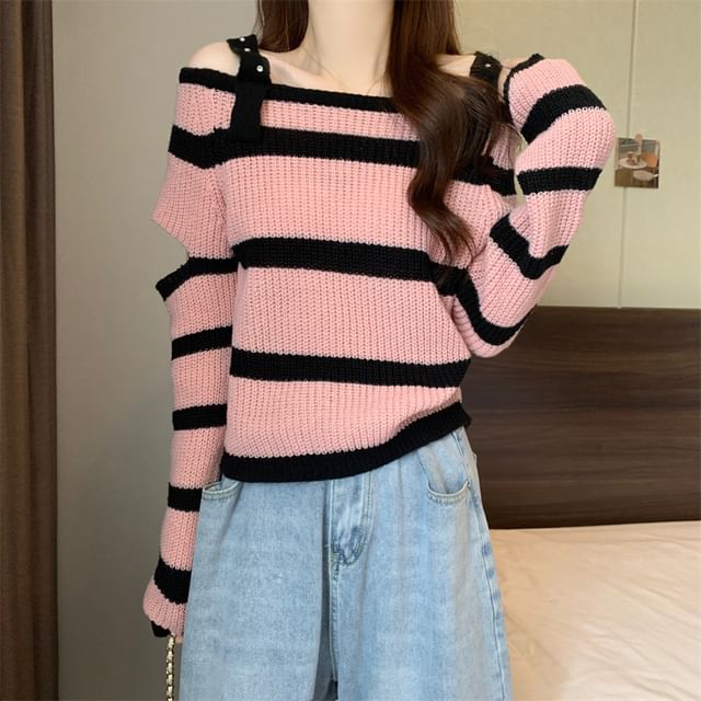 Sisyphi-Cold-Shoulder Striped Cutout Sweater
