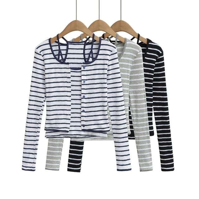 Ulark-Set Spaghetti Strap Striped Cami Top Crew Neck Striped Button Up Cardigan