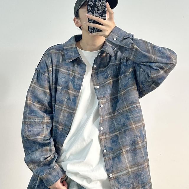 VEAZ-Lapel Collared Plaid Button Shirt