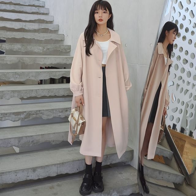 JVL-Collared Plain Midi Button Trench Coat