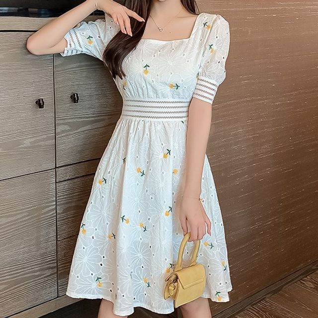 EFO - Square Neck Floral Embroidered Eyelet Lace A-Line Dress