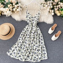Lucuna - Spaghetti Strap Floral Print Midi A-Line Dress Lucuna - Spaghetti Strap Floral Print Midi A-Line Dress