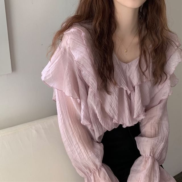 Happo-Ruffle Sleeve V-Neck Plain Ruffle Blouse