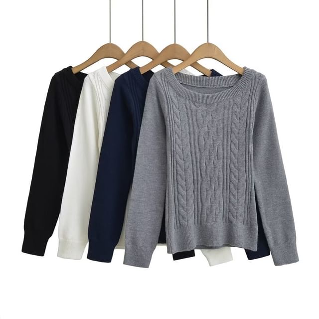 Hollahop-Round Neck Plain Cable Knit Sweater