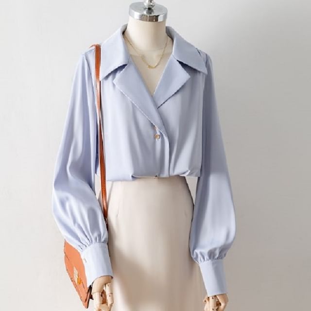 Cossita-Long Sleeve Collared Plain Blouse