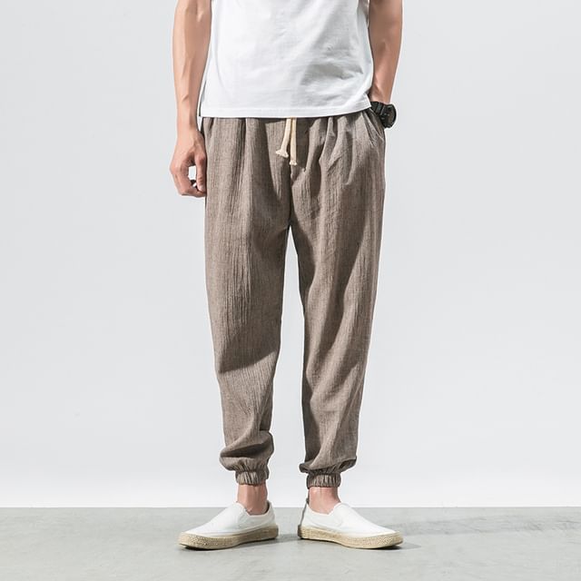 YIKES-Drawstring Waist Linen Plain Harem Pants