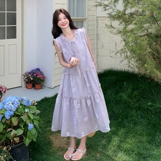Ango Sleeveless Tie Neck Embroidered Frill Tiered Midi A-Line Dress Sale