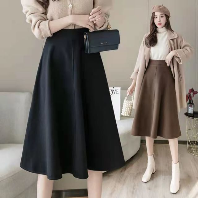 INEN-High Waist Plain Midi A-Line Skirt