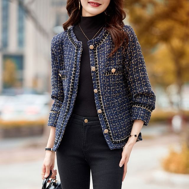Sienne-Crew Neck Tweed Button Jacket