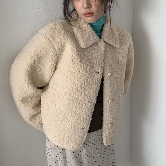 MIKIGA-Collared Fleece Button-Up Jacket