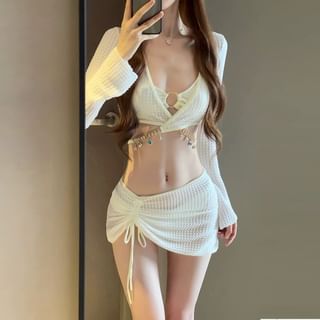 SANQI Set: Plain Bikini + Long-Sleeve V-Neck Criss Cross Top Drawstring Cover