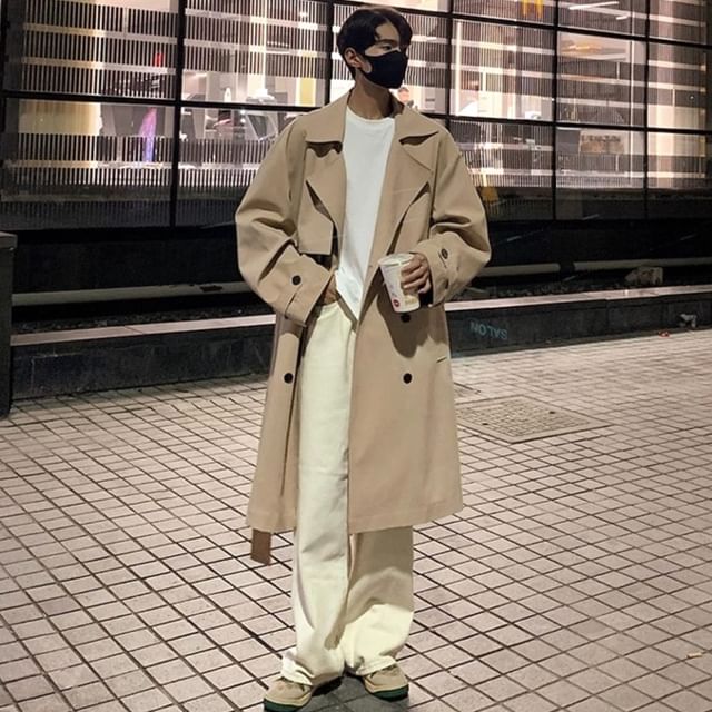 Diphon-Plain Tie Waist Midi Double-Breasted Trench Coat
