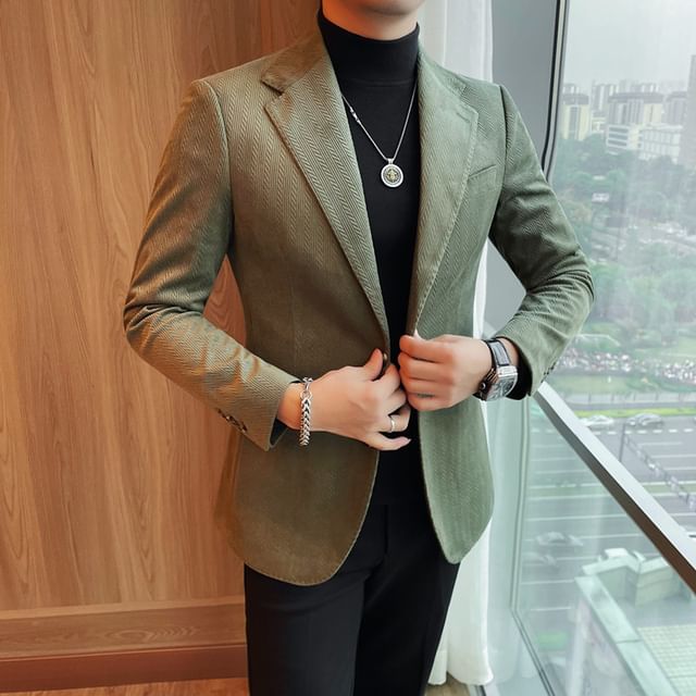 Blueforce-Notch Lapel Plain Corduroy Single-Breasted Blazer