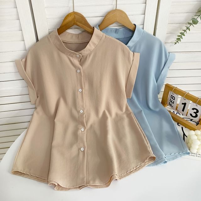Iasia-Cap-Sleeve Band Collar Plain Blouse