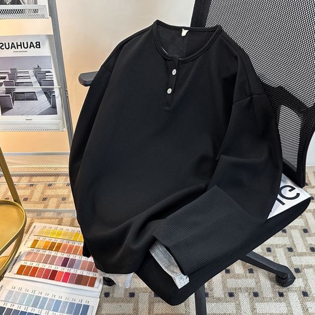 Trimecca-Long-Sleeve Henley Plain Tee
