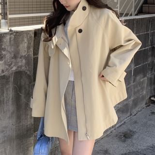 Coris-Stand Collar Plain Zip Trench Coat